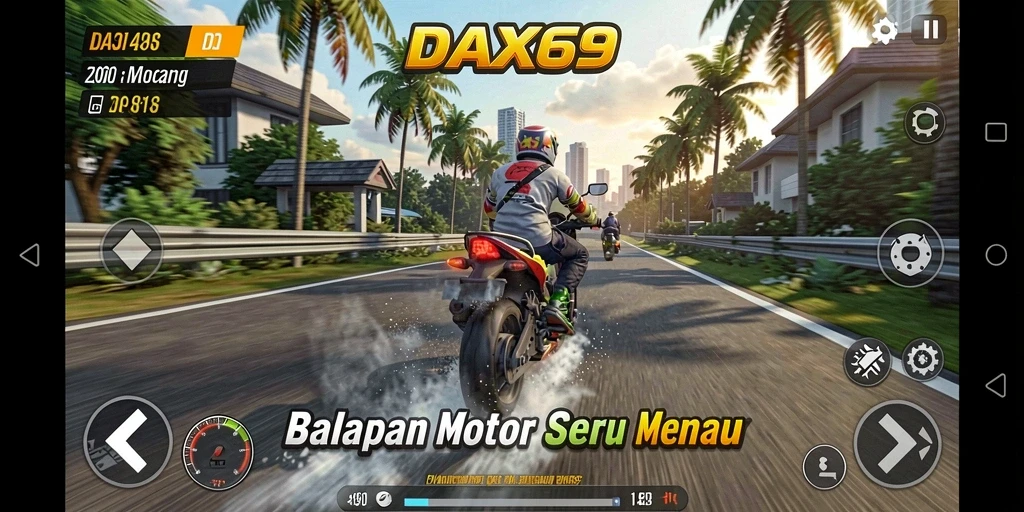 Tampilan gameplay DAX69 dengan balapan motor yang mendebarkan.