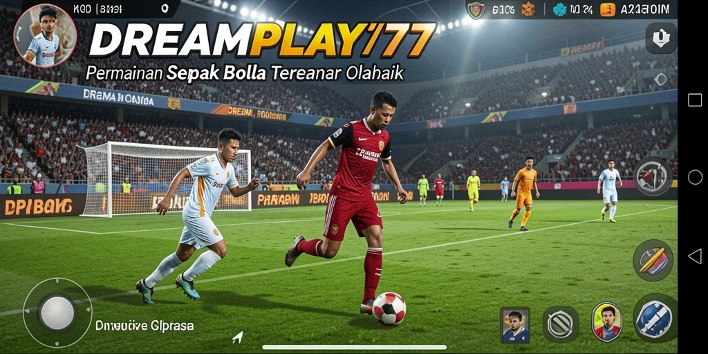 Screenshot utama DREAMPLAY77 menunjukkan aksi bermain sepak bola yang mendebarkan.