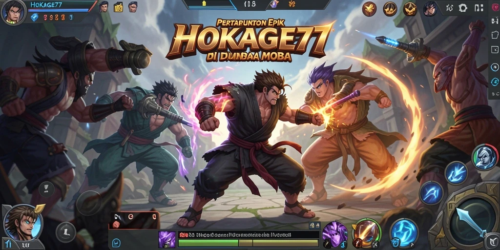 Screenshot game HOKAGE77 yang menunjukkan aksi pertarungan tim di arena MOBA.