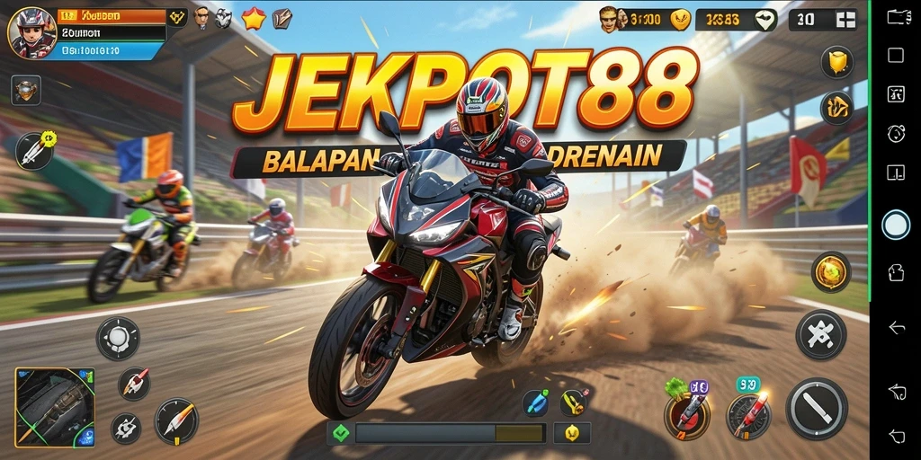 Tangkapan layar JEKPOT88 menampilkan aksi balapan motor yang seru.