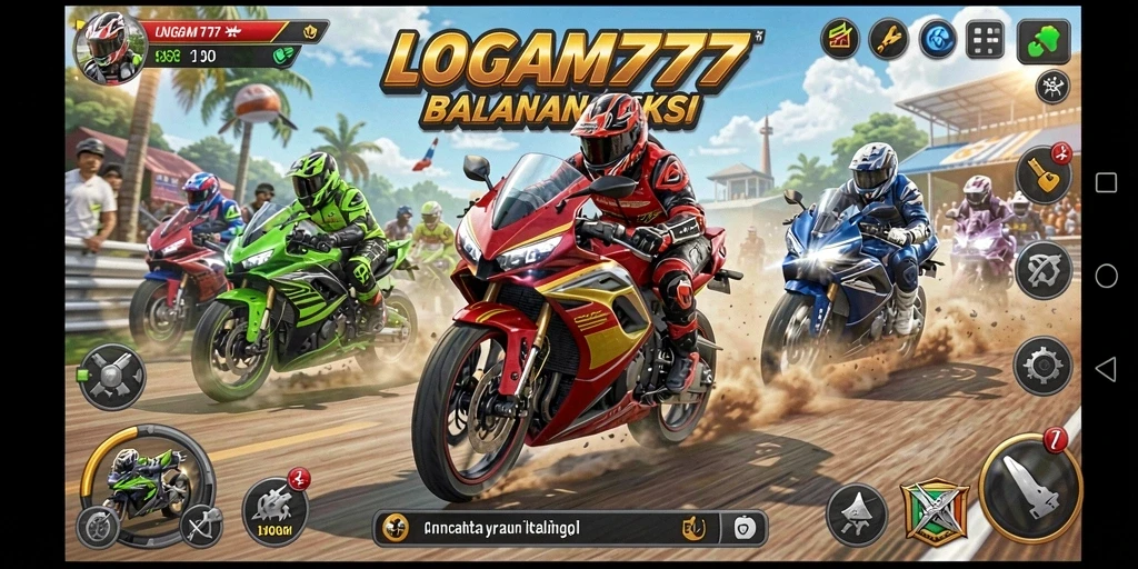 Gameplay mendebarkan LOGAM777 saat balapan motor.