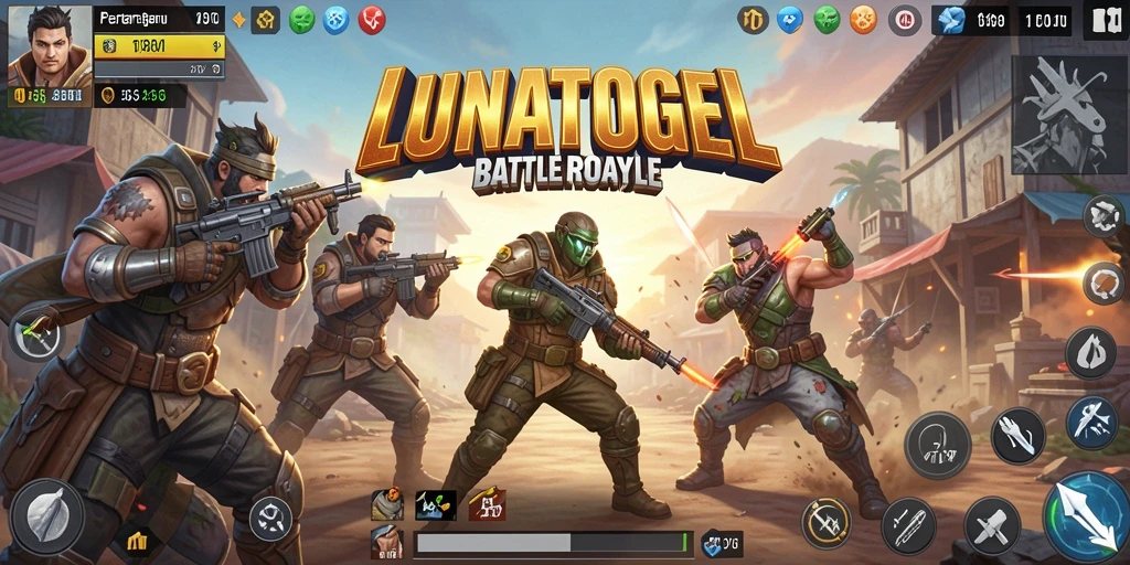 Tangkapan layar utama LUNATOGEL menampilkan aksi seru di arena Battle Royale.