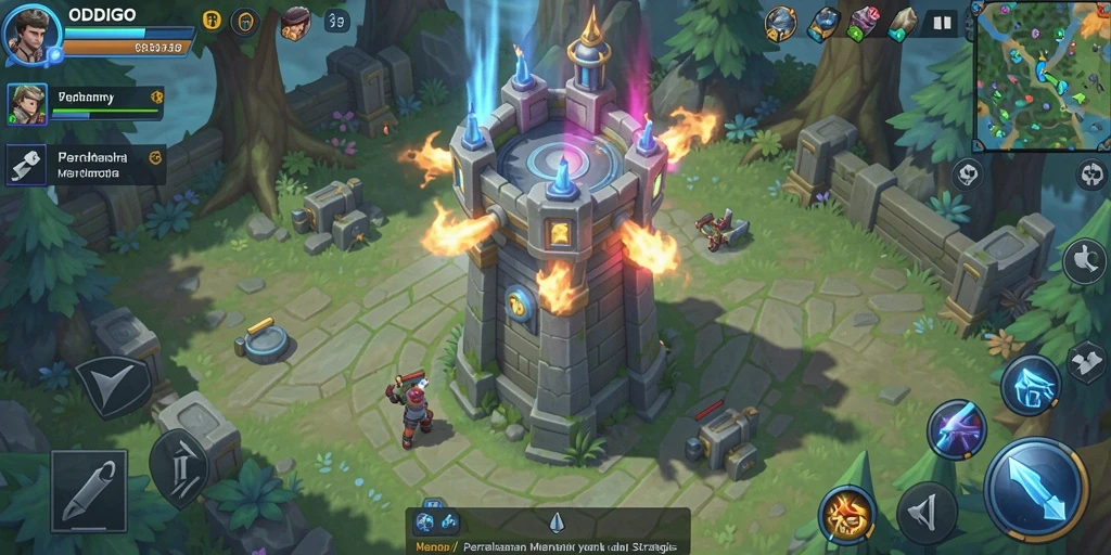 Tampilan seru gameplay Tower Defense ODDIGO dengan berbagai menara dan musuh.