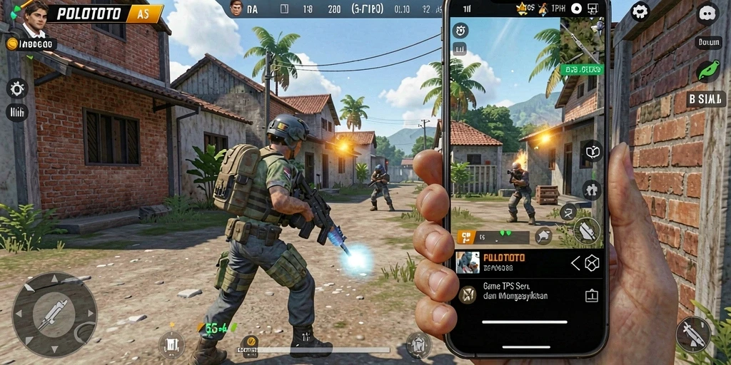 Screenshot gameplay POLOTOTO menampilkan aksi tembak-menembak yang menegangkan.