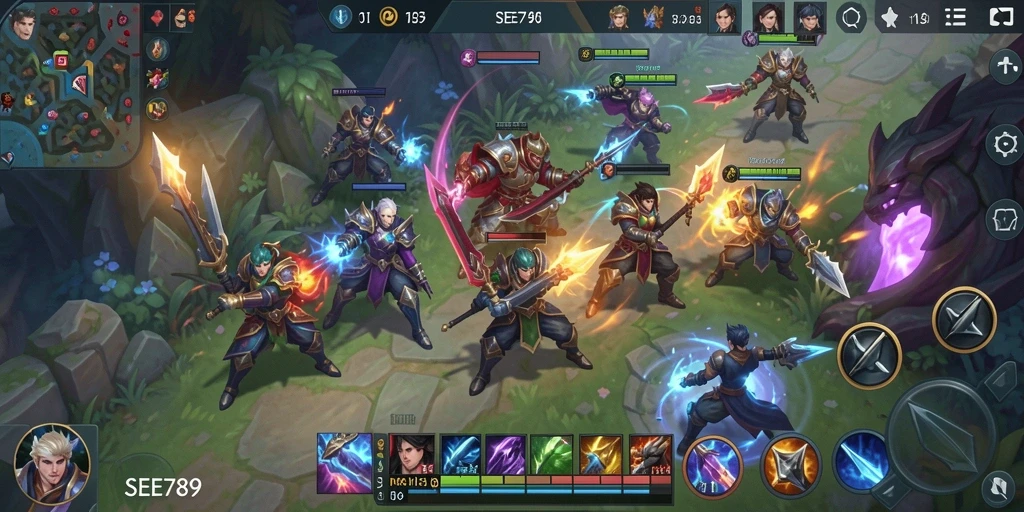 Tampilan gameplay yang seru dalam SEE789 dengan pertarungan tim MOBA.